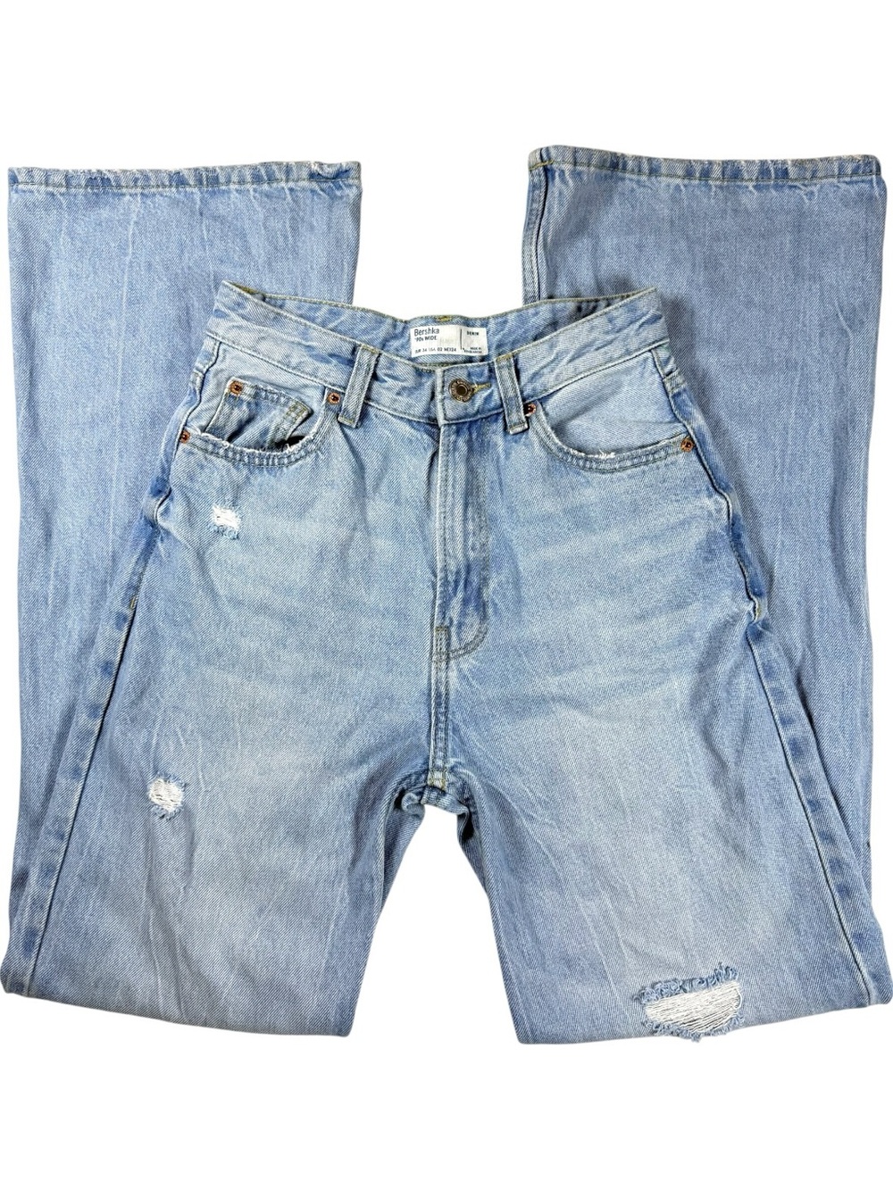 Bershka 90s Wide Leg Distressed Light Wash Y2K Baggy Jeans Size 2 Boho - Picture 3 of 15